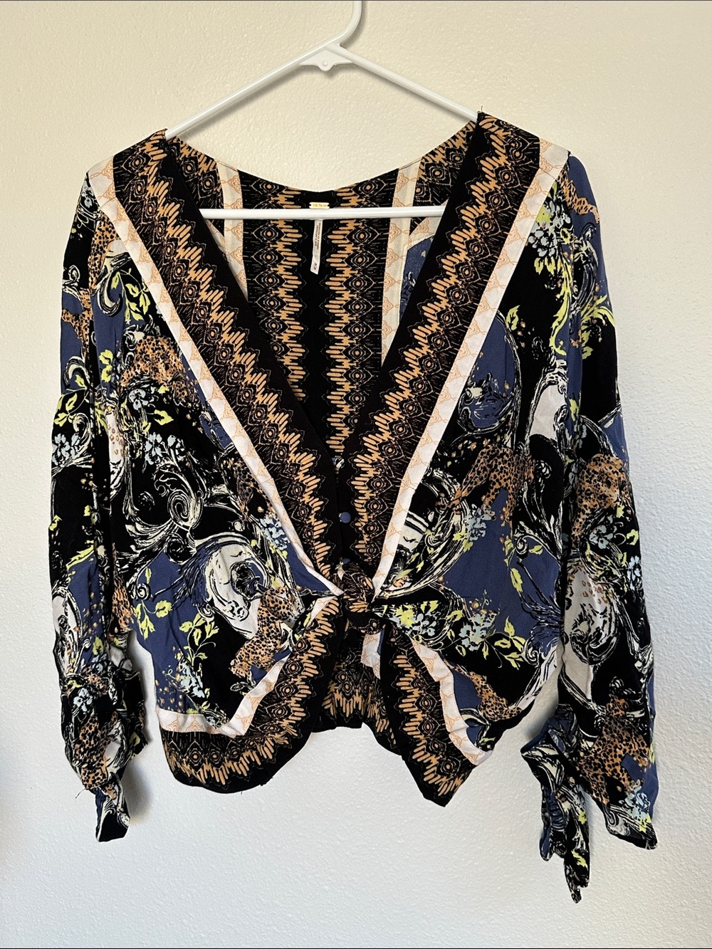 Free People Paisley Tie-Front Blouse in Navy, Black, and Cream